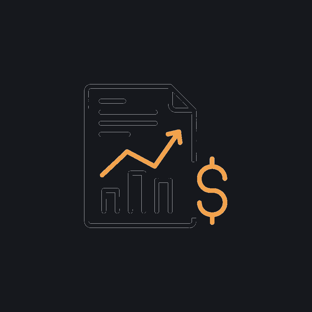 minimal line icon of a document with a bar chart and a dollar sign, representing a roadmap with an attached business case