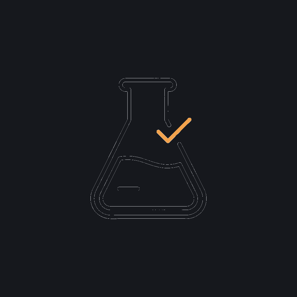 minimal line icon of a beaker with a checkmark, concept: proof-of-concept validation