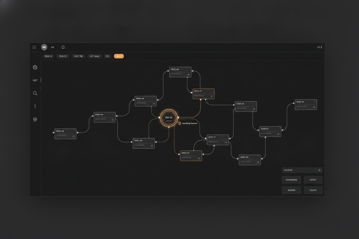 clean product screenshot of the orchestration dashboard showing a live process map with one node highlighted mid-decision, dark UI, no client data visible