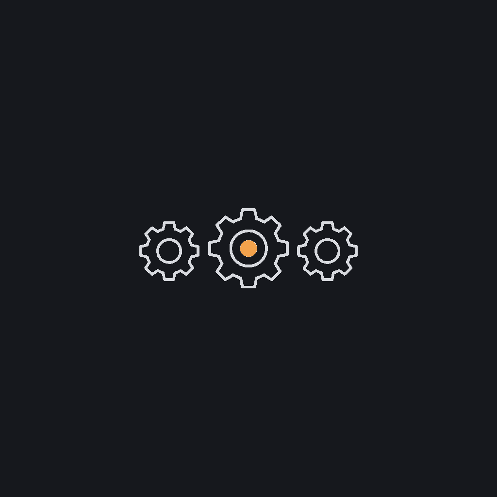 minimal line icon of three small disconnected gear shapes in a row with no connecting line between them, representing isolated point automations
