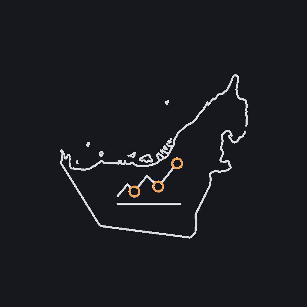 minimal single-color line icon representing the UAE (outline map or geometric star motif), matching the other four regional icons in this row