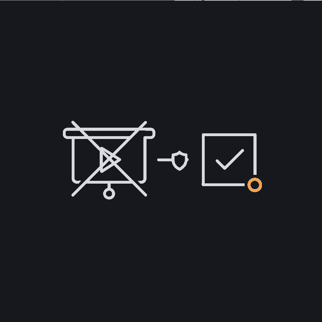 small line icon, presentation-slide shape with a play button crossed out, concept of pilot rejected in favor of production