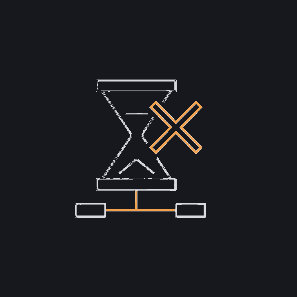 minimal line icon of an hourglass with a crossed-out fast-forward arrow, concept: no real shortcut on build time