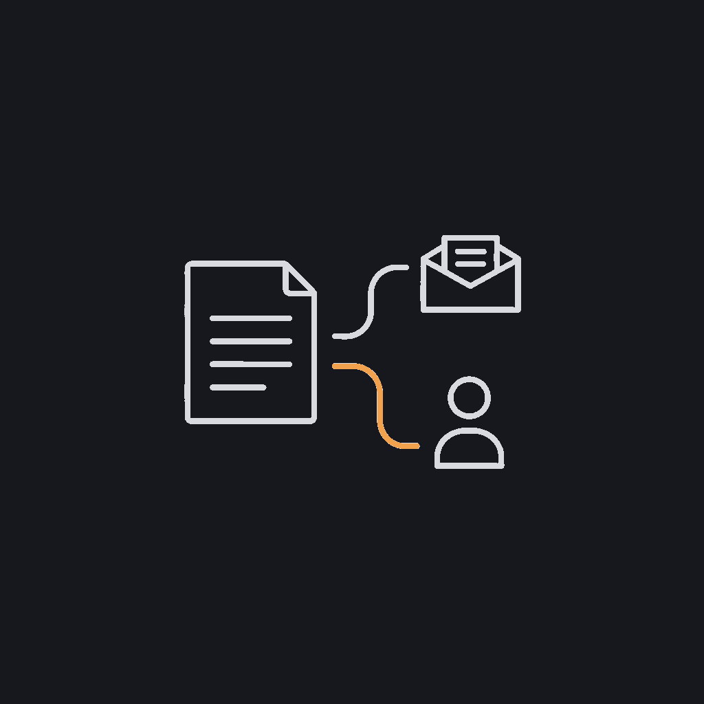 minimal line icon of a document branching into an inbox tray with a person silhouette, exception-routing concept