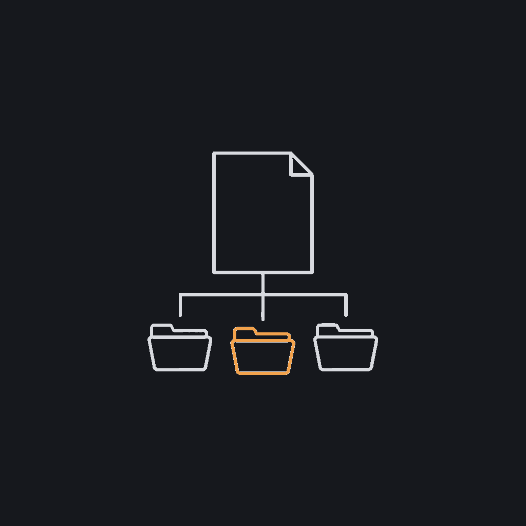 minimal line icon of a single document splitting into three labeled folder icons, classification concept