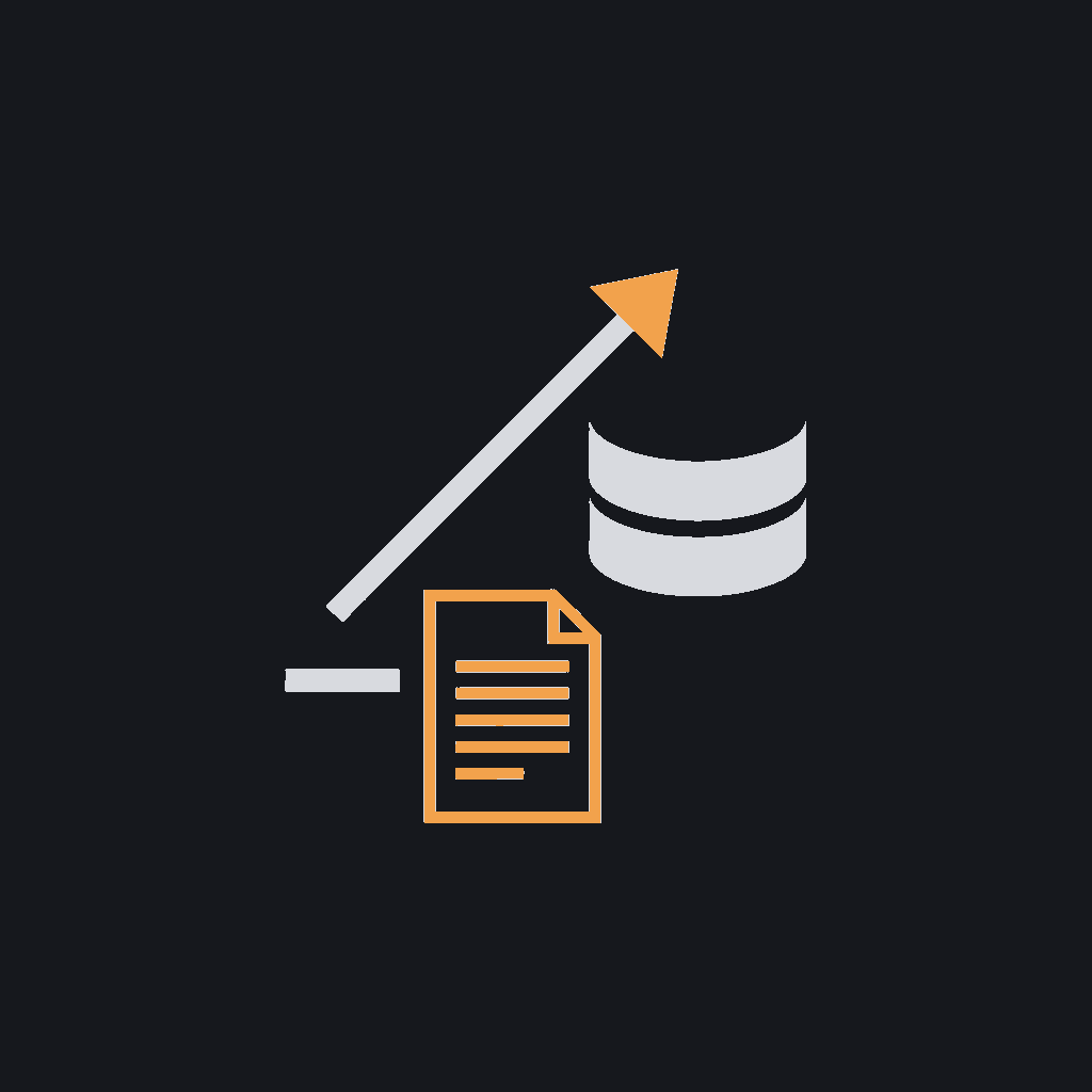 minimal line icon of an arrow feeding a document into a database cylinder, system-of-record integration concept