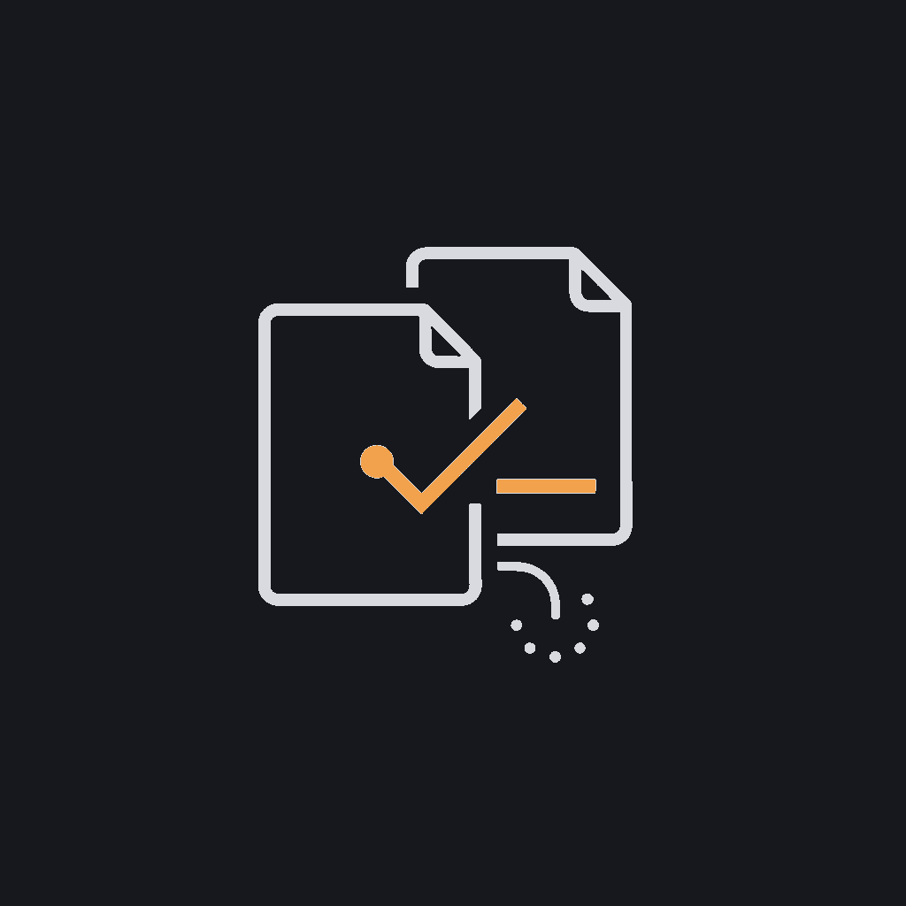 minimal line icon of two documents with a checkmark linking them, cross-checking-against-database concept