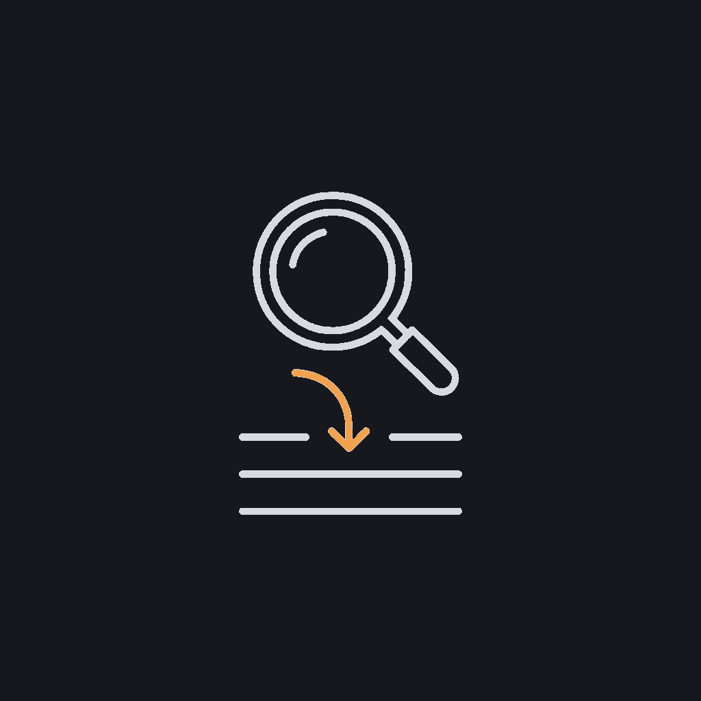tiny line icon of a magnifying glass over text fields, extract step