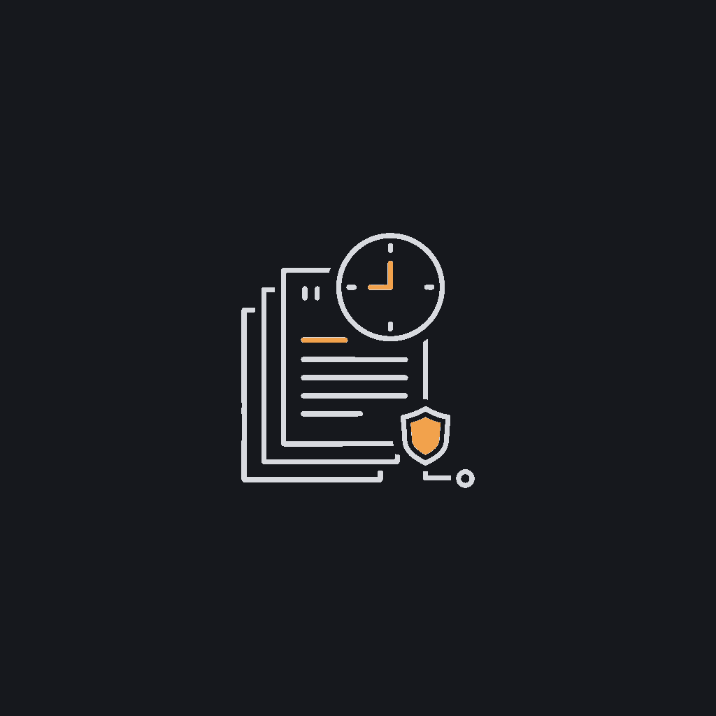 minimal mono-line icon of a stack of invoices with a clock overlay, finance-ops concept, no color fill