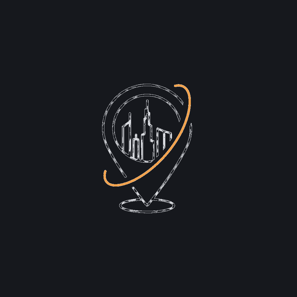 line icon of a location pin over a stylised Dubai skyline silhouette, coverage-map concept