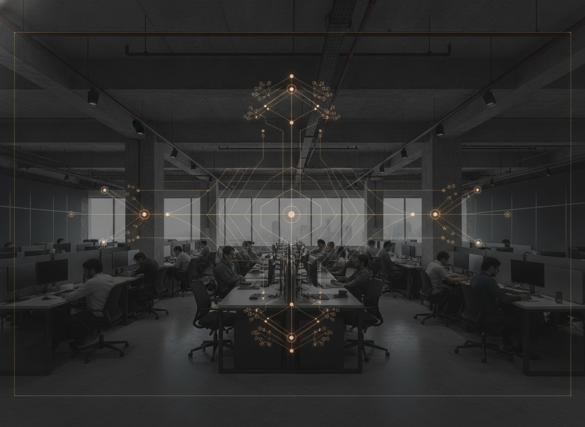 wide interior photo of the Bengaluru studio floor, engineers at workstations, documentary style