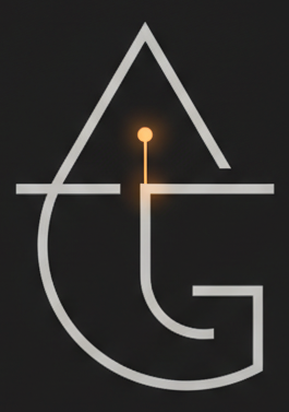 — ATG logomark, monochrome line-art, on dark surface